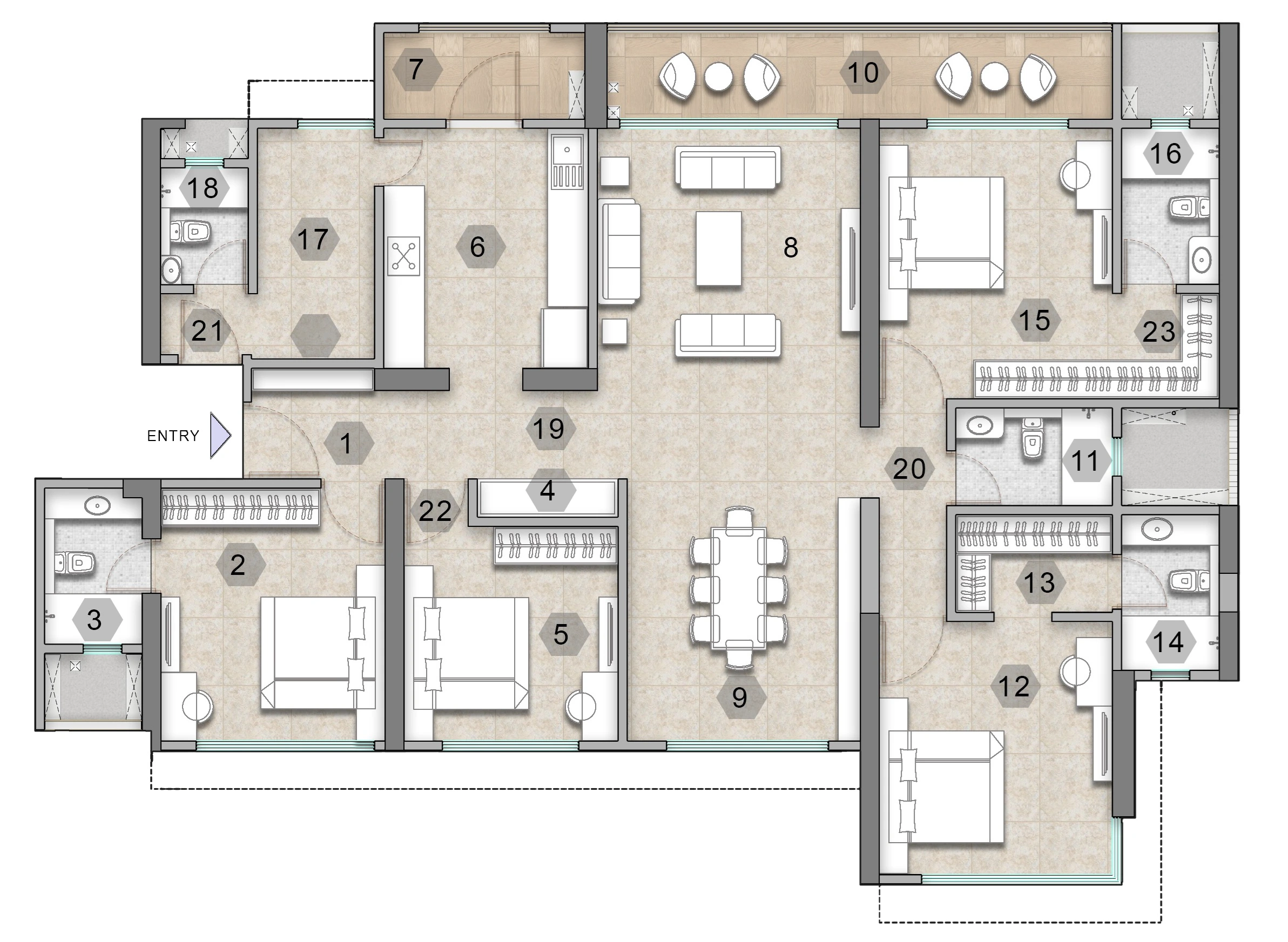Vaastu-compliant layout in 3, 4BHK apartment at The Address by GS, Raymond Realty Thane.